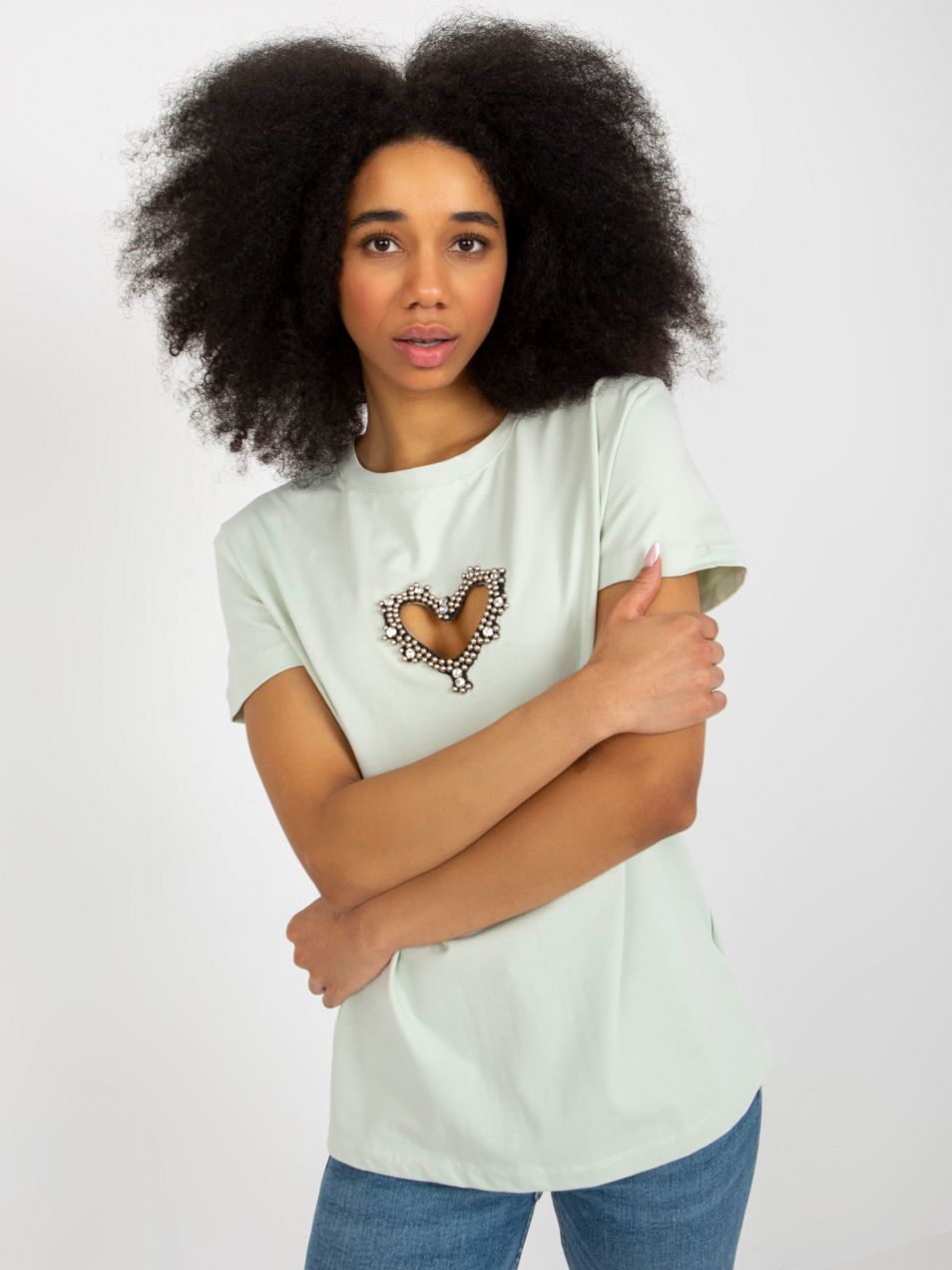 Bright mint t-shirt with application and cutout