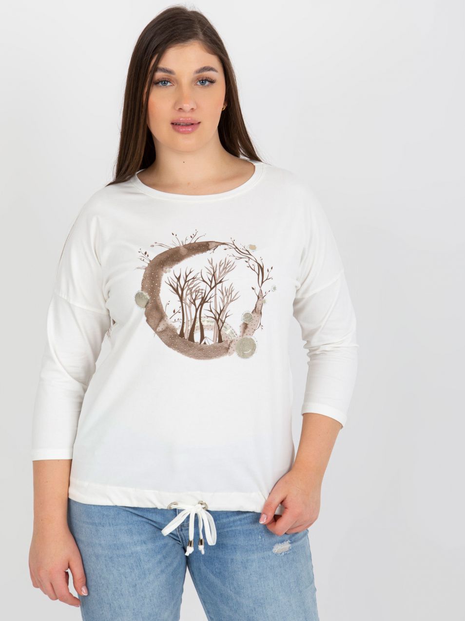 Ecru women's blouse large size with print and jerseys