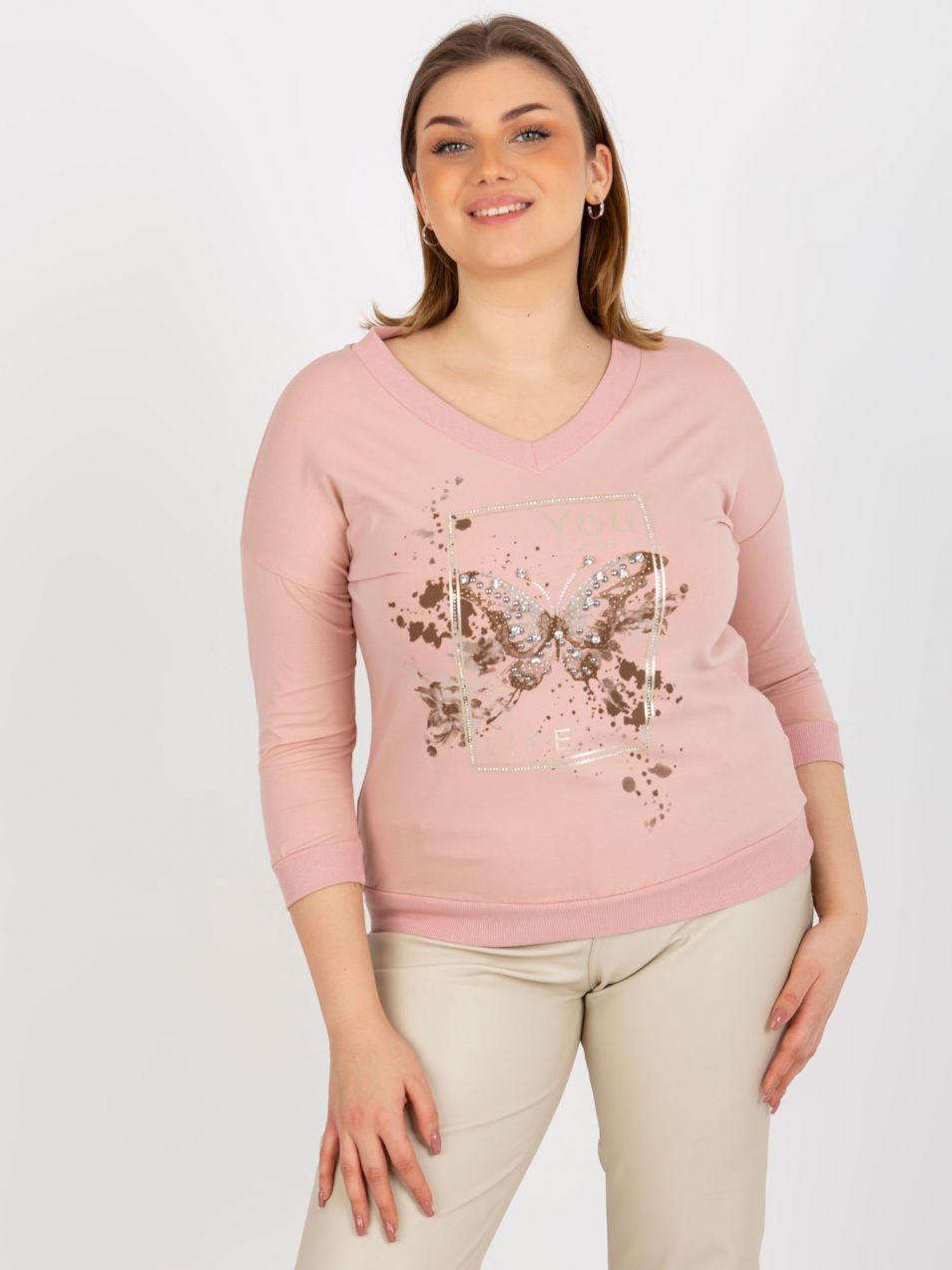 Light pink V-printed blouse with V-neck