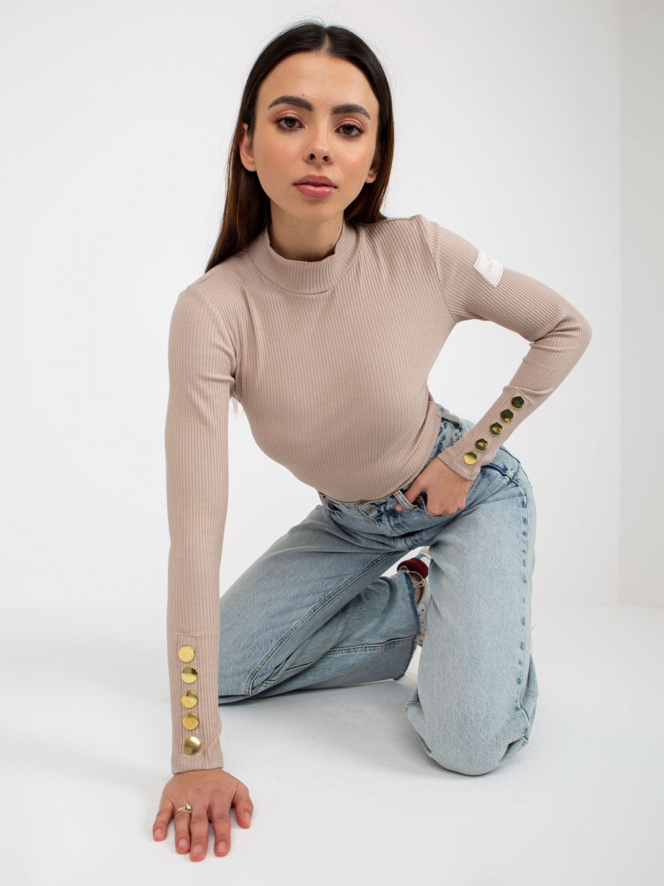 Women's beige striped turtleneck blouse OCH BELLA
