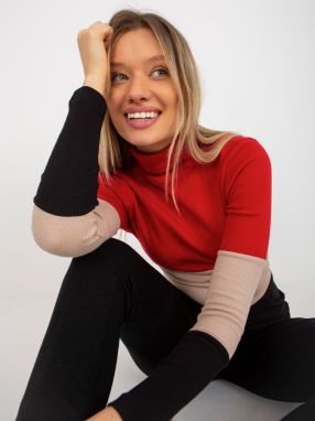 Basic red-black ribbed turtleneck blouse