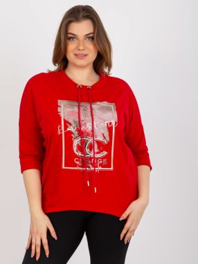 Red blouse of larger size with pearls and 3/4 sleeves