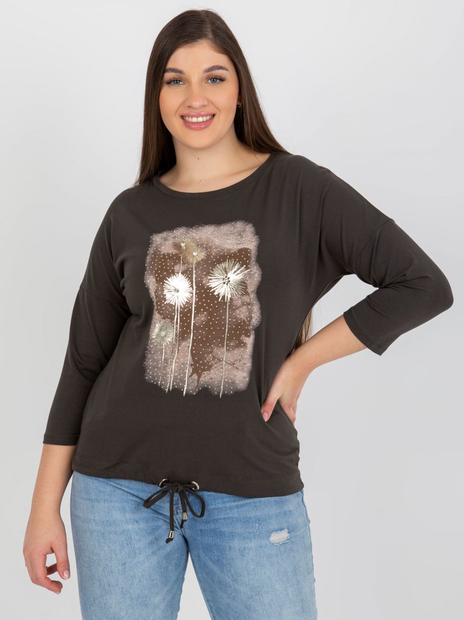 Khaki size plus blouse with 3/4 sleeves and print