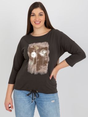 Khaki size plus blouse with 3/4 sleeves and print