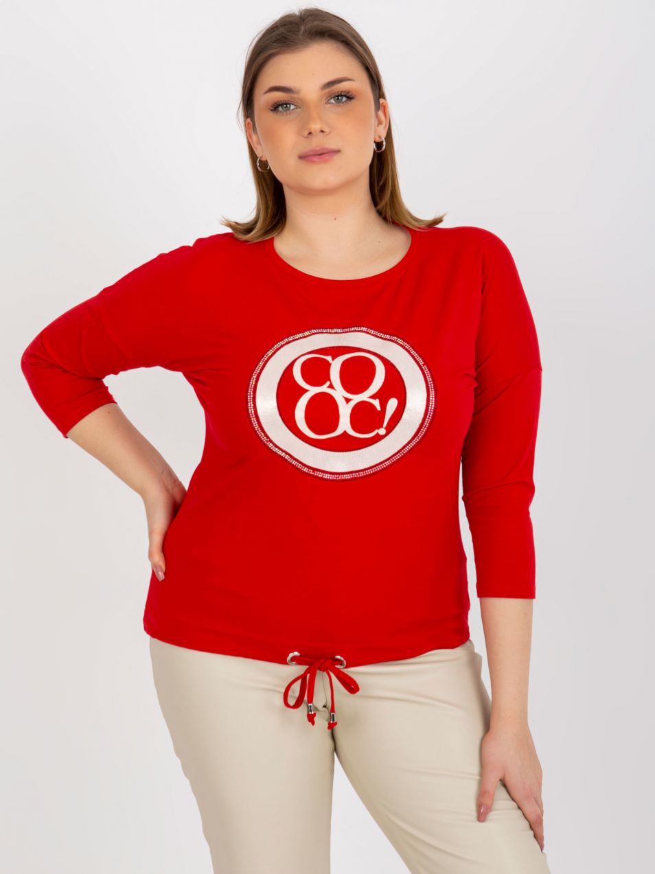 Red oversized blouse with application and hem