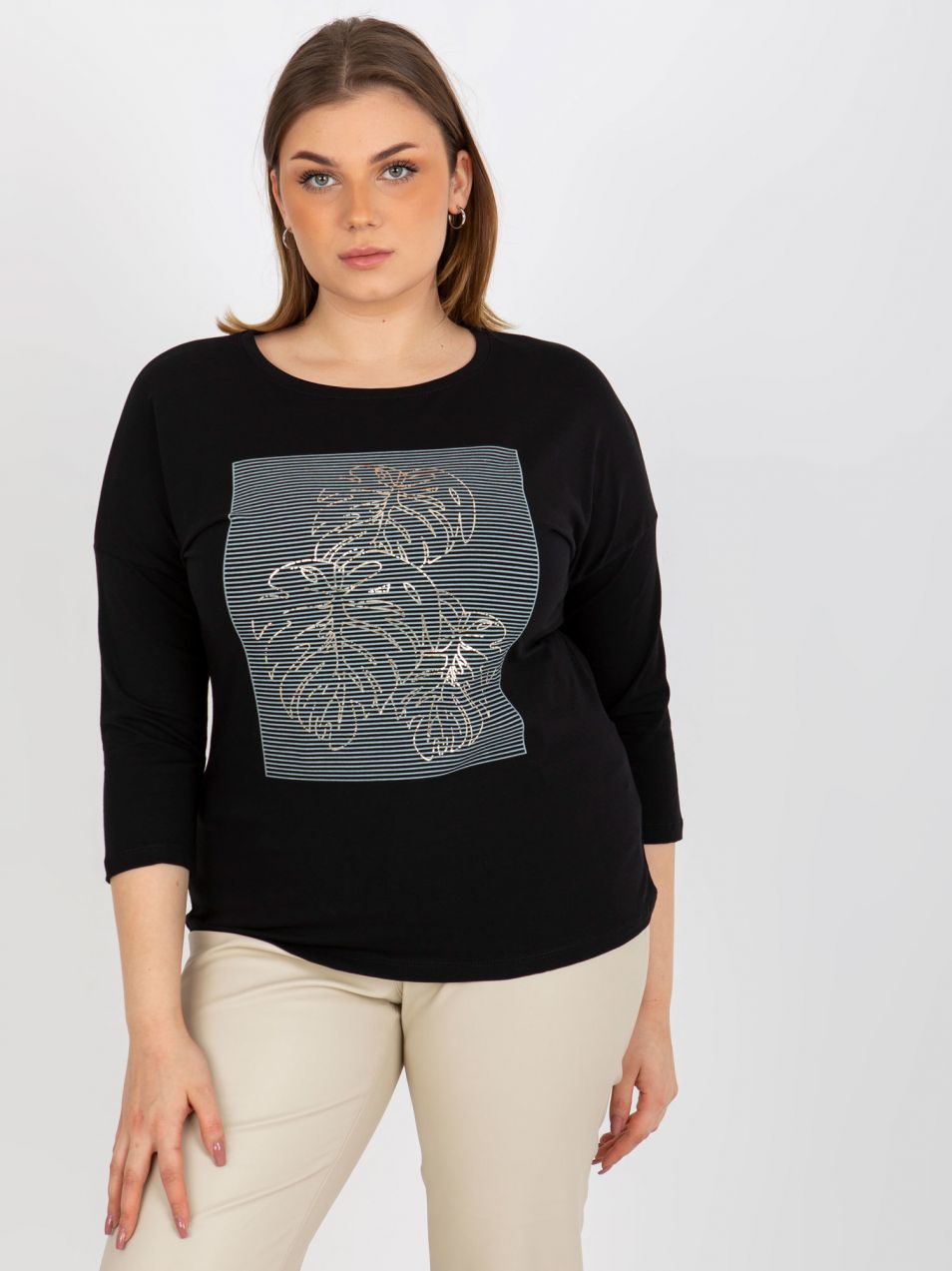 Black casual blouse with a round neckline of a larger size