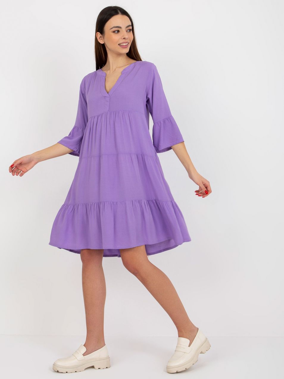 Purple loose dress with ruffle with V-neck SUBLEVEL