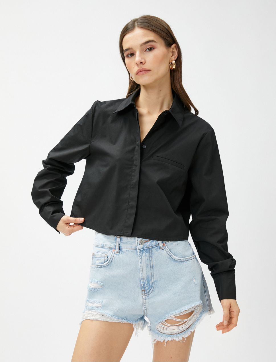 Koton Crop Poplin Shirt Long Sleeved, Pocket Detailed