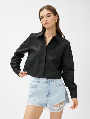 Koton Crop Poplin Shirt Long Sleeved, Pocket Detailed