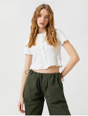Koton Crop Tričko Krátke Rukávy Bavlna s Gombíkmi Okrúhly Výstrih