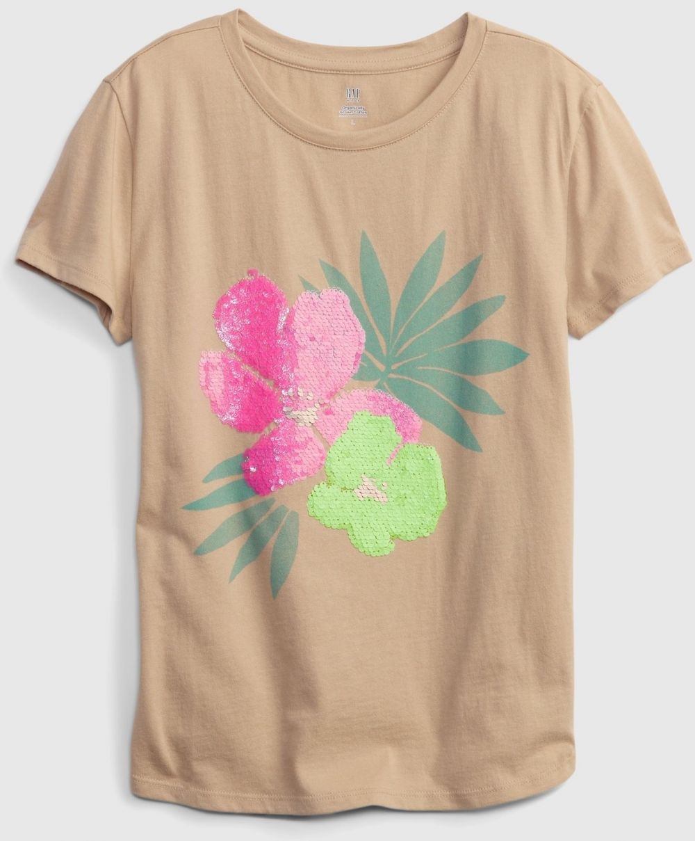 Béžové dievčenské tričko organic s flitrami floral GAP