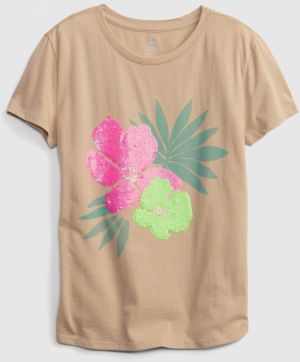 Béžové dievčenské tričko organic s flitrami floral GAP