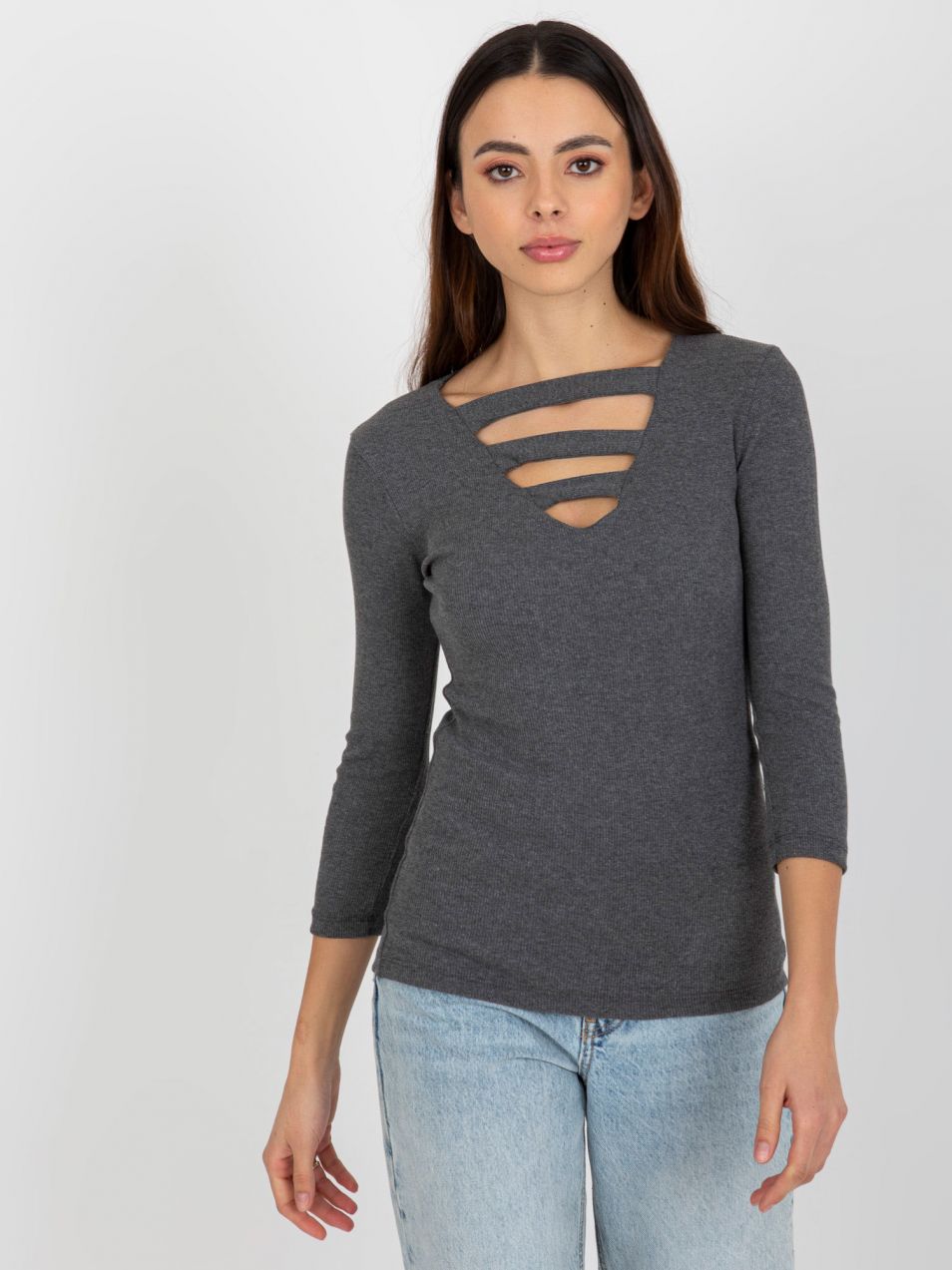 Lady's blouse with neckline cut-outs - grey