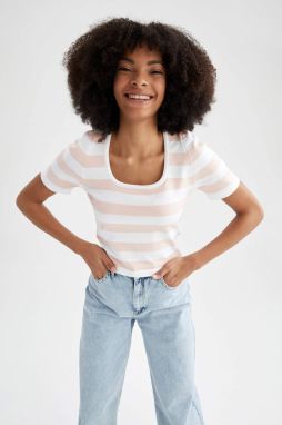 DEFACTO Slim Fit Pruhované Okrúhly Výstrih Krátky Rukáv Pletené Tričko