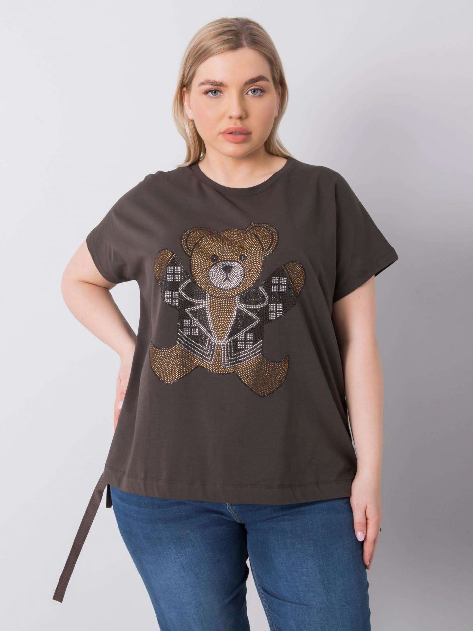Dark khaki blouse of larger size with Marlene application