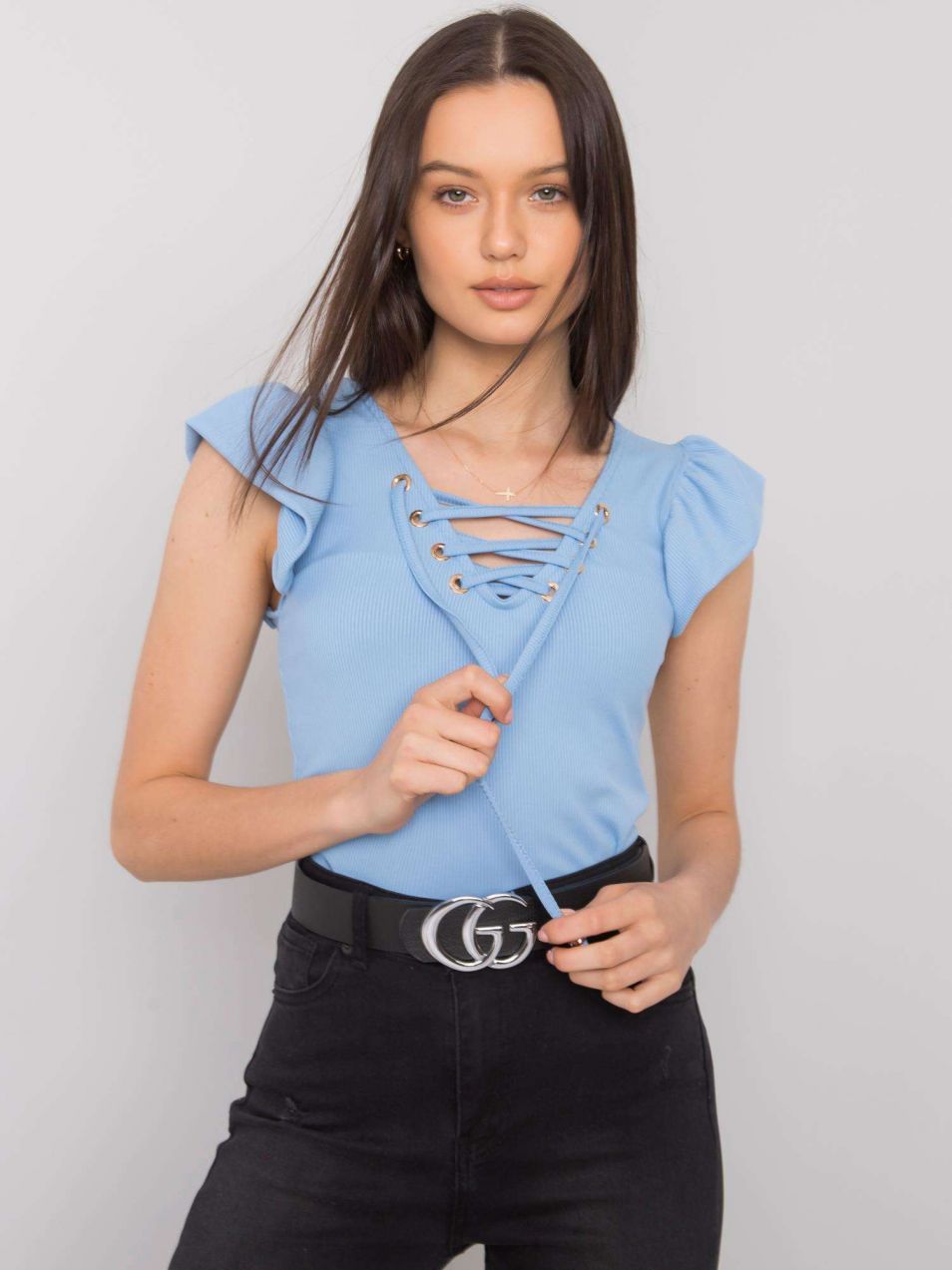 Light blue blouse with lace-up neckline