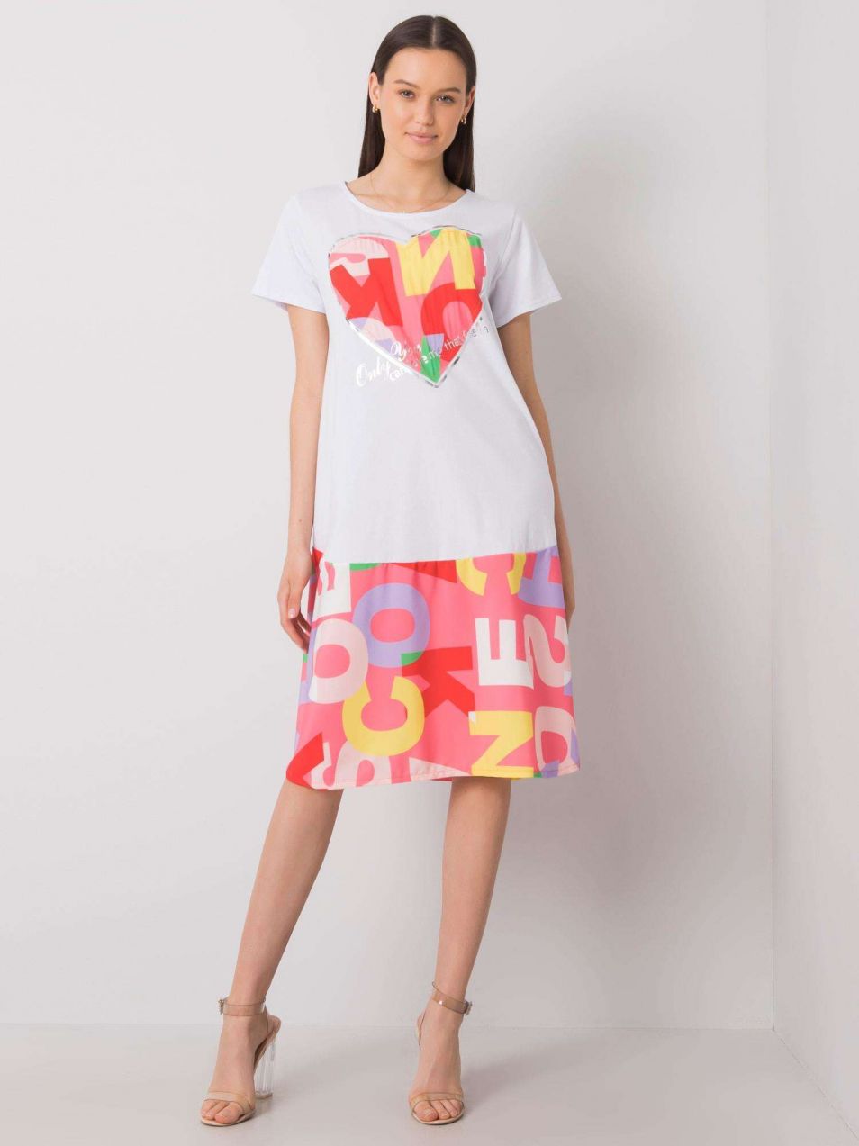 White and pink loose dress with prints