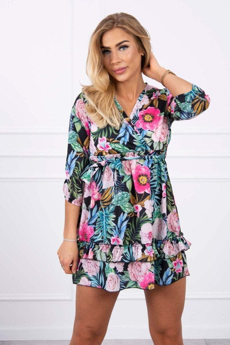 Floral dress with tie at the waist black