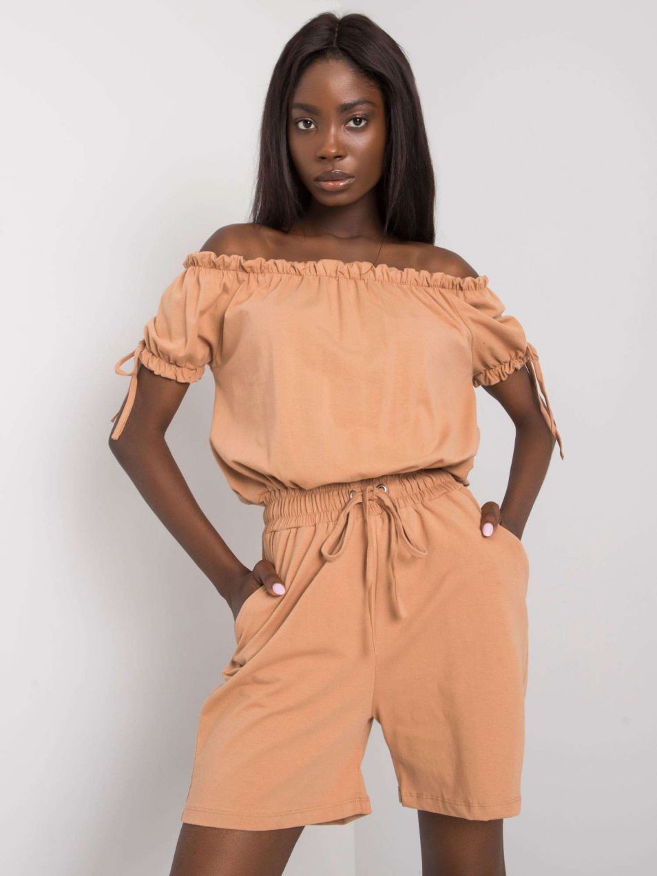 OH BELLA Camel overall with Spanish neckline