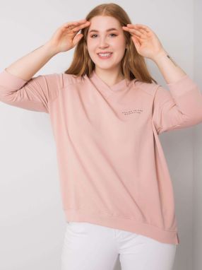 Powder pink sweatshirt of larger size with V-neck.