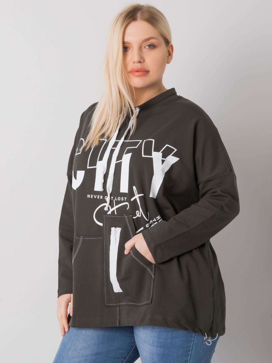 Tmavé khaki plus size mikina bez kapucne Hackney