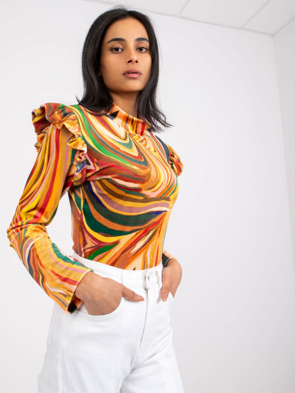 Yellow velvet blouse with ruffles Lin