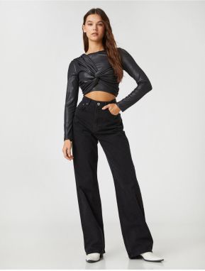 Koton Long Sleeve T-Shirt Crop Sparkling Crew Neck Ruffle Detailed.