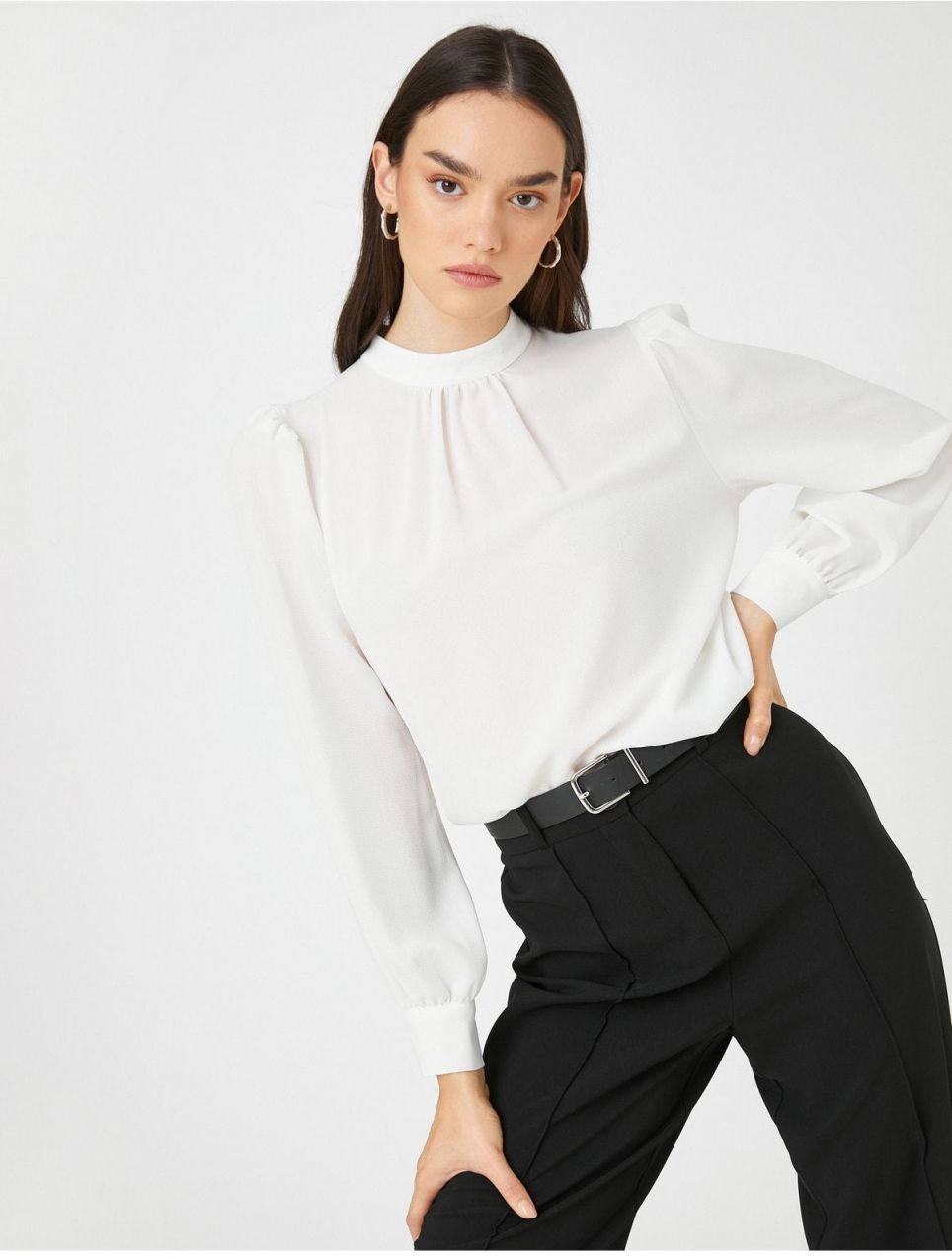 Koton Draped Detailed Blouse Standing Collar Long Sleeve