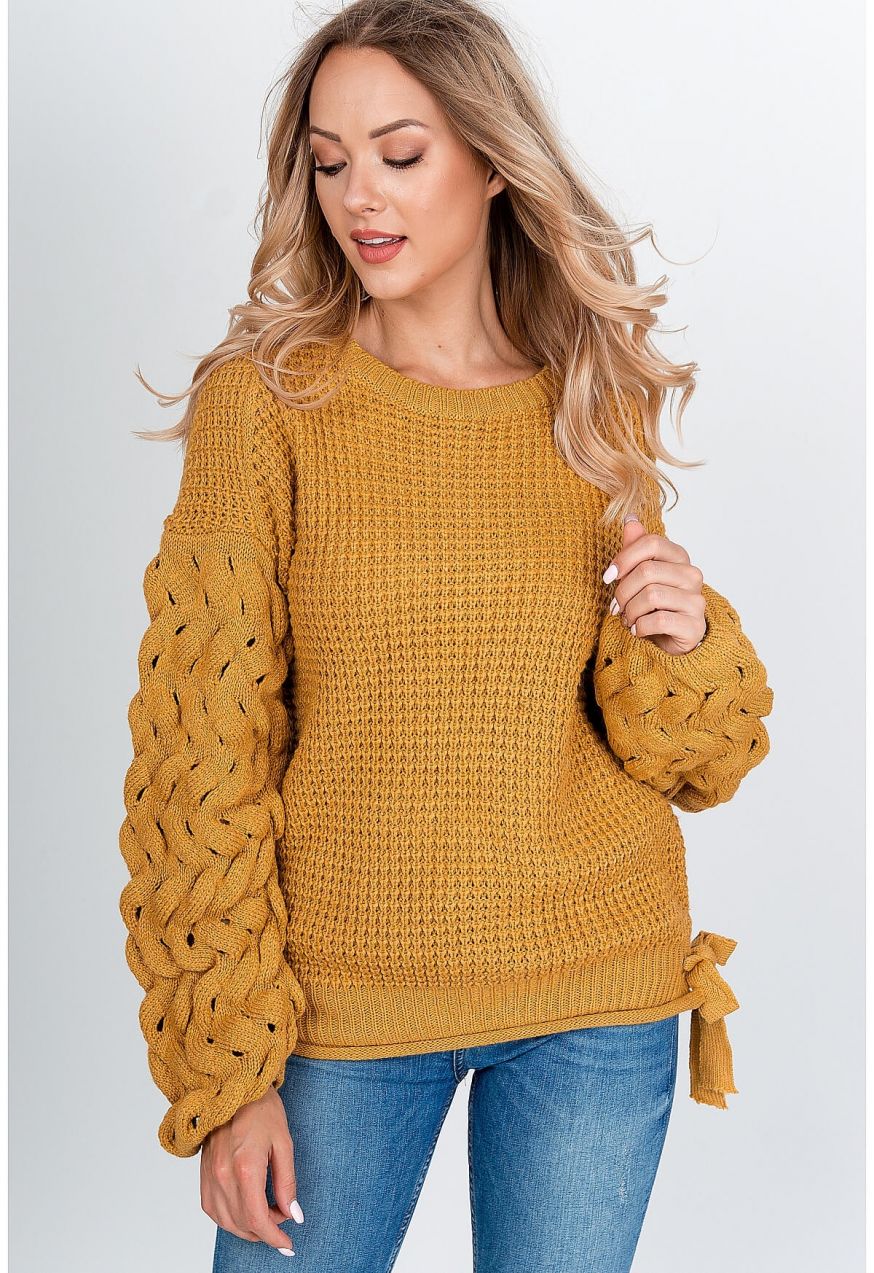 Women's knitted sweater with bows - mustard,