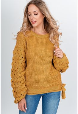 Women's knitted sweater with bows - mustard,