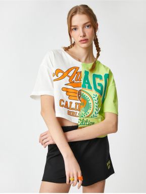 Koton Crop T-Shirt Printed Short Sleeves Crew Neck