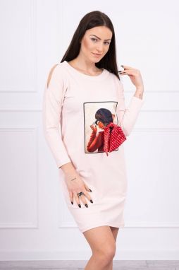 Dress with graphics and bow in polka dot 3D powder pink