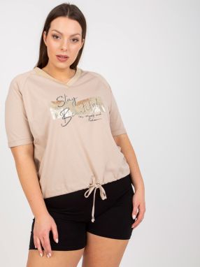 Beige blouse of larger size with print and application