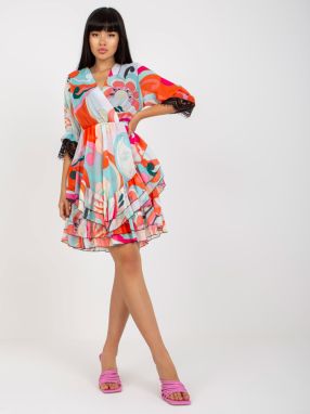 Orange and pink wrap dress with ruffles