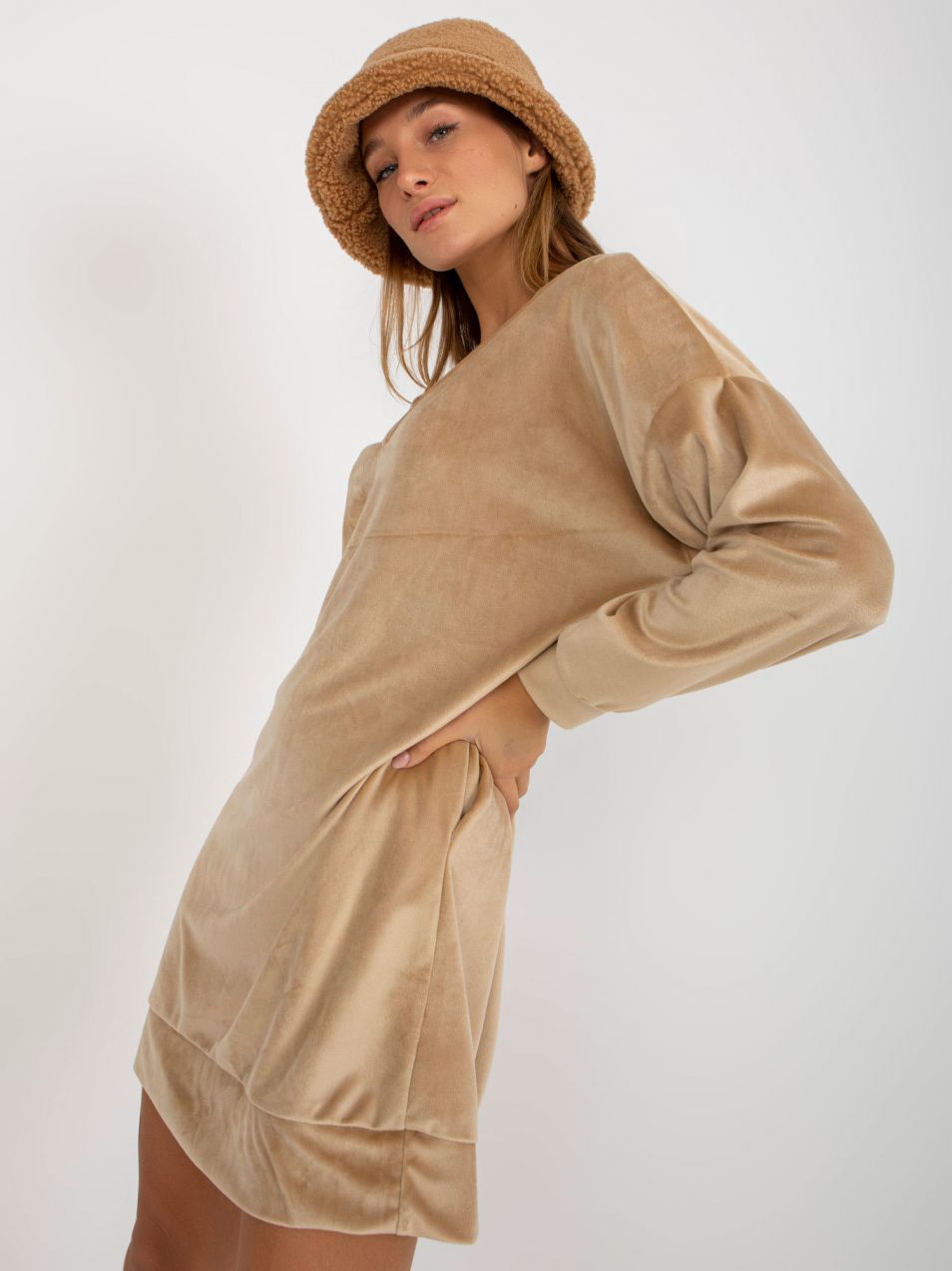 Beige loose velor dress with neckline