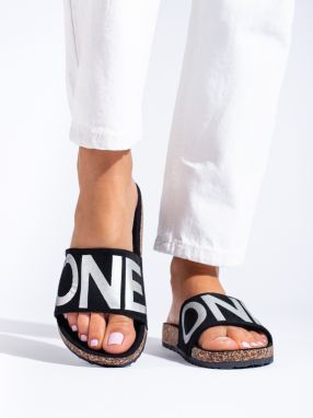 Black flip-flops with silver inscription on Shelvt cork