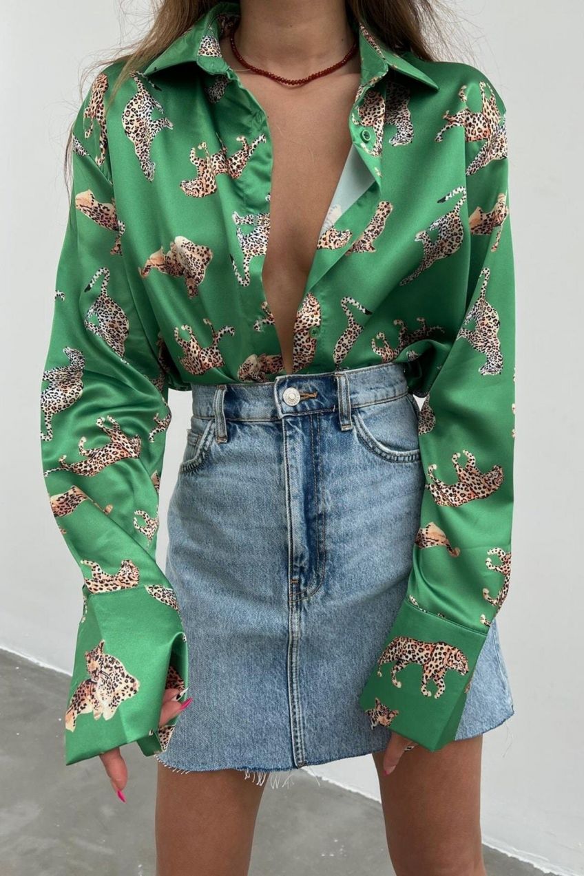 Madmext Mad Girls Leopard Green Satin Shirt Mg187