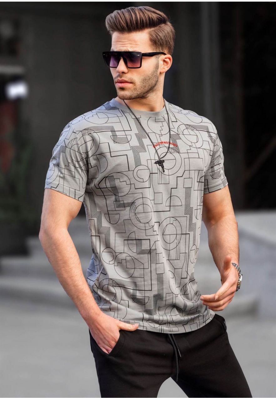 Madmext Sivé Slim Fit Vzorované Pánske Tričko 6074