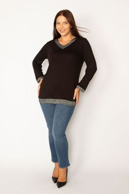 Şans Women's Plus Size Black Glitter Detailed Blouse