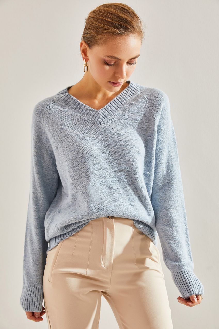 Bianco Lucci Women's Bubble Pattern V-Neck Sweater
