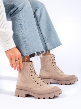 Beige shelovet suede lace-up ankle boots