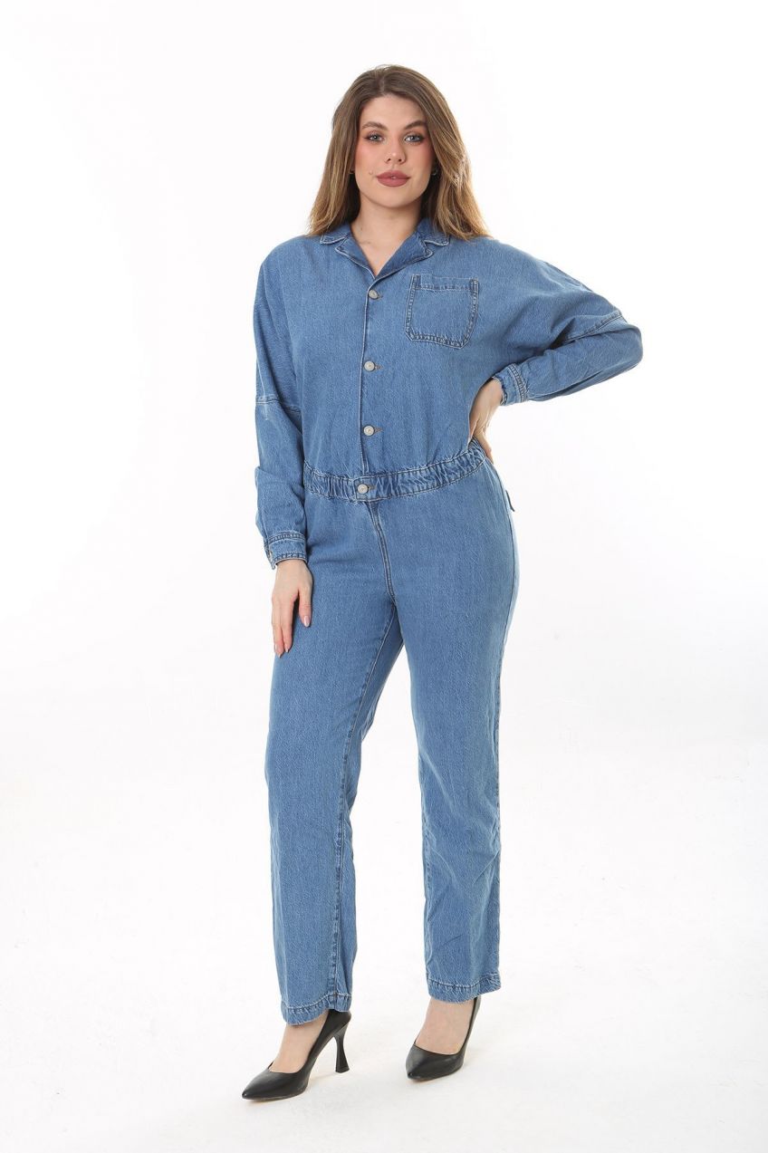 Şans Women's Plus Size Blue Front Buttoned Waist Elastic Detailed Chest And Back Pocket Denim Jumpsuit