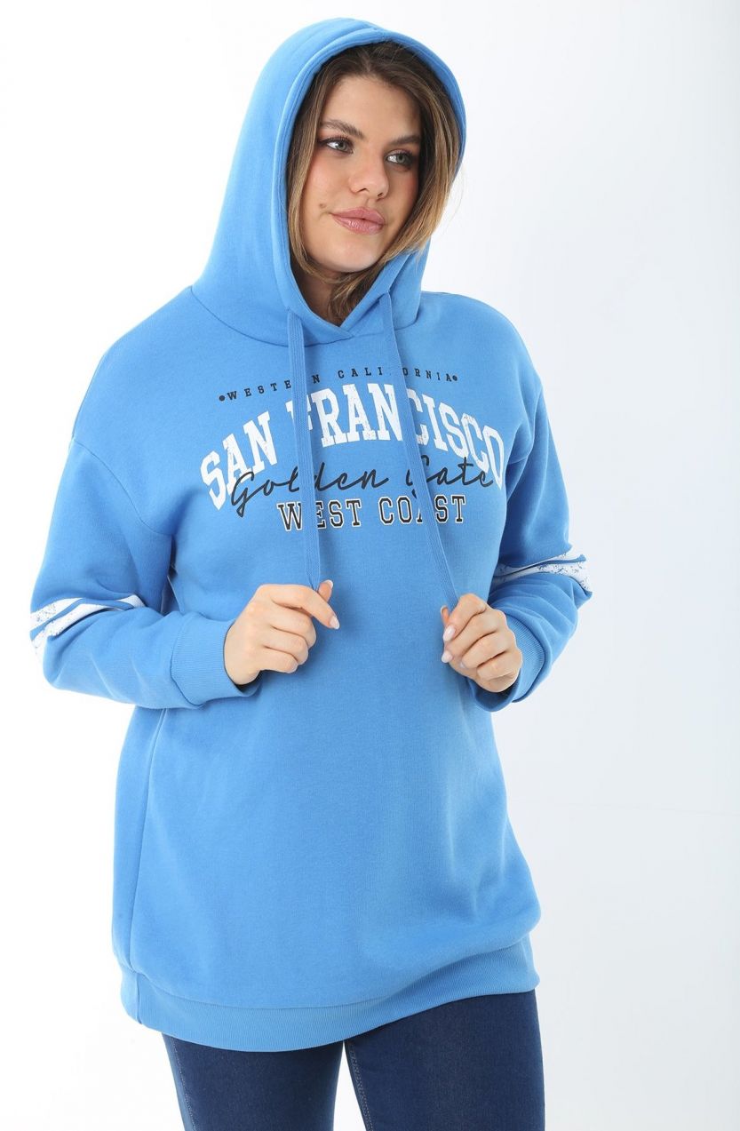 Şans Women's Plus Size Blue Inner Raising Three Thread Hooded Sweatshirt