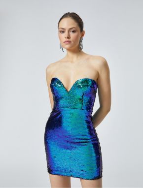 Koton Sequined Mini Strapless Dress Sweetheart Neck Slim Fit