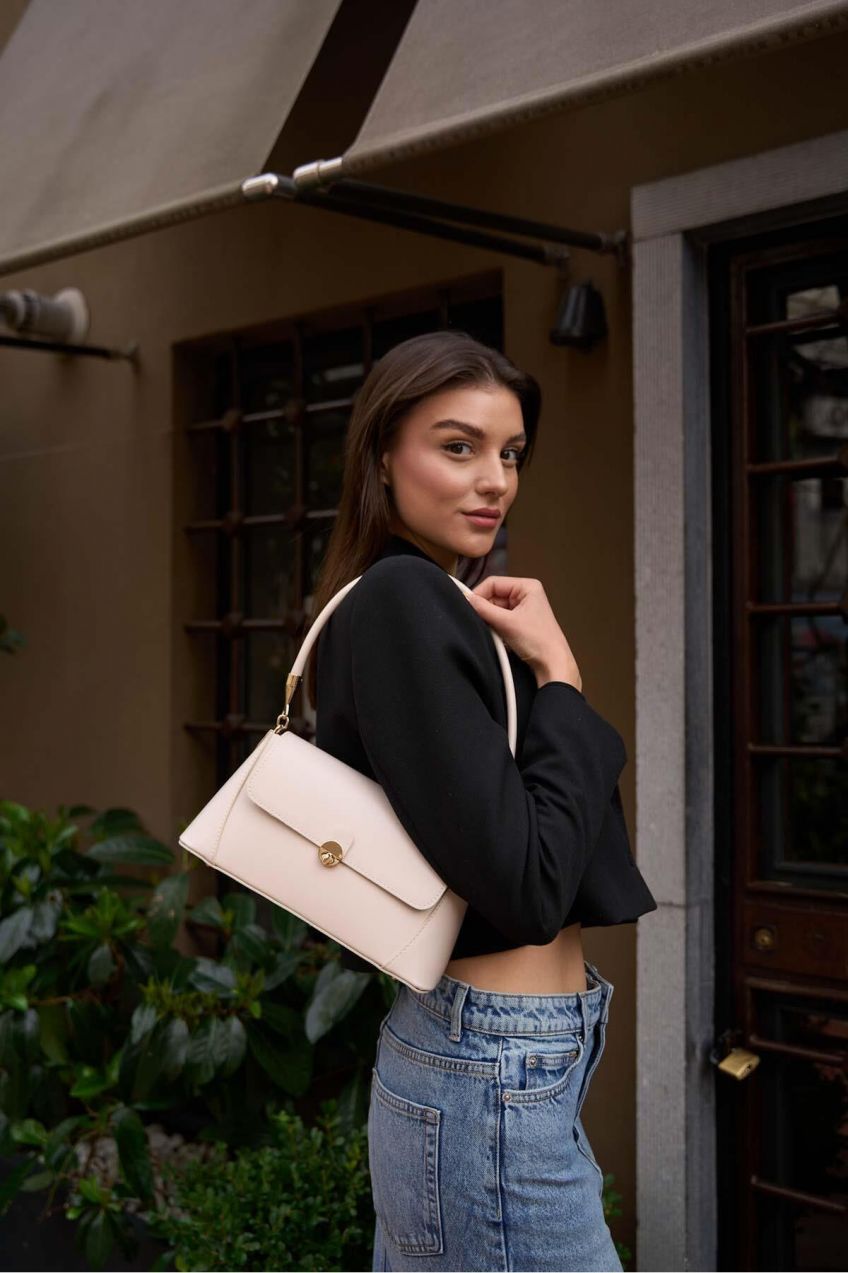 Madamra Women's Cream Retro Front Clamshell Leather Look Shoulder Bag