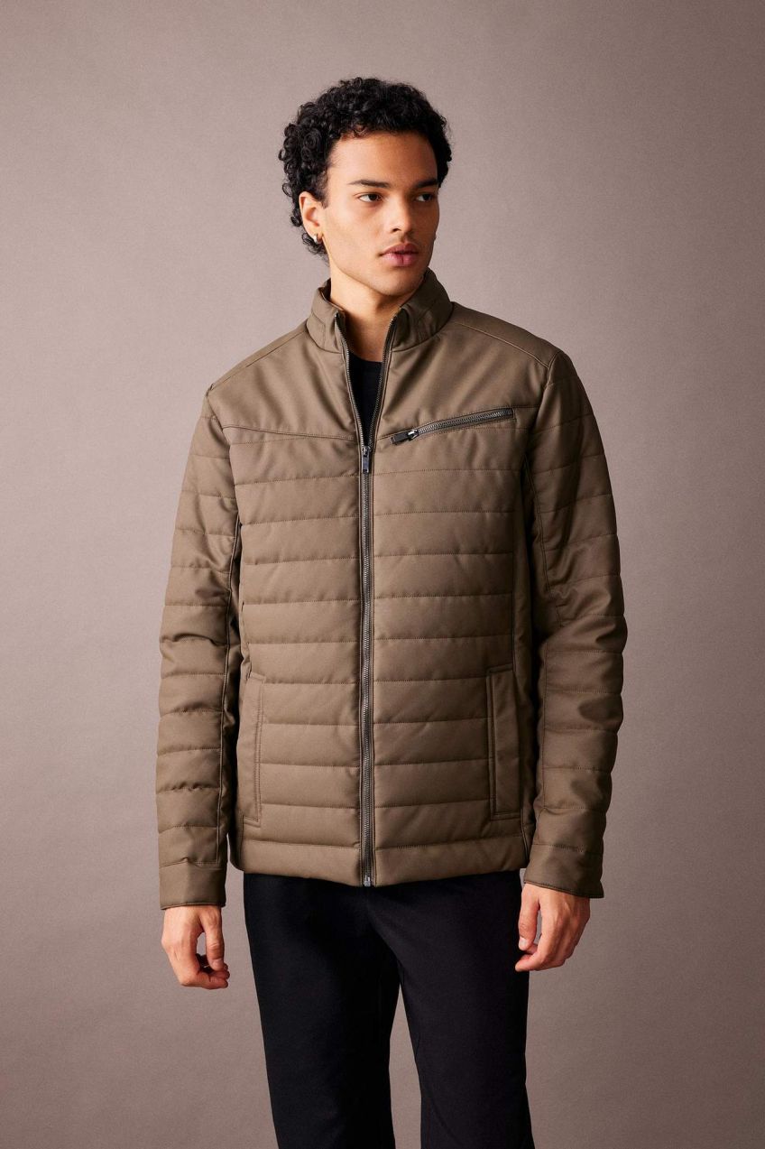 DEFACTO Slim Fit bunda s faux kožou a stojacim golierom