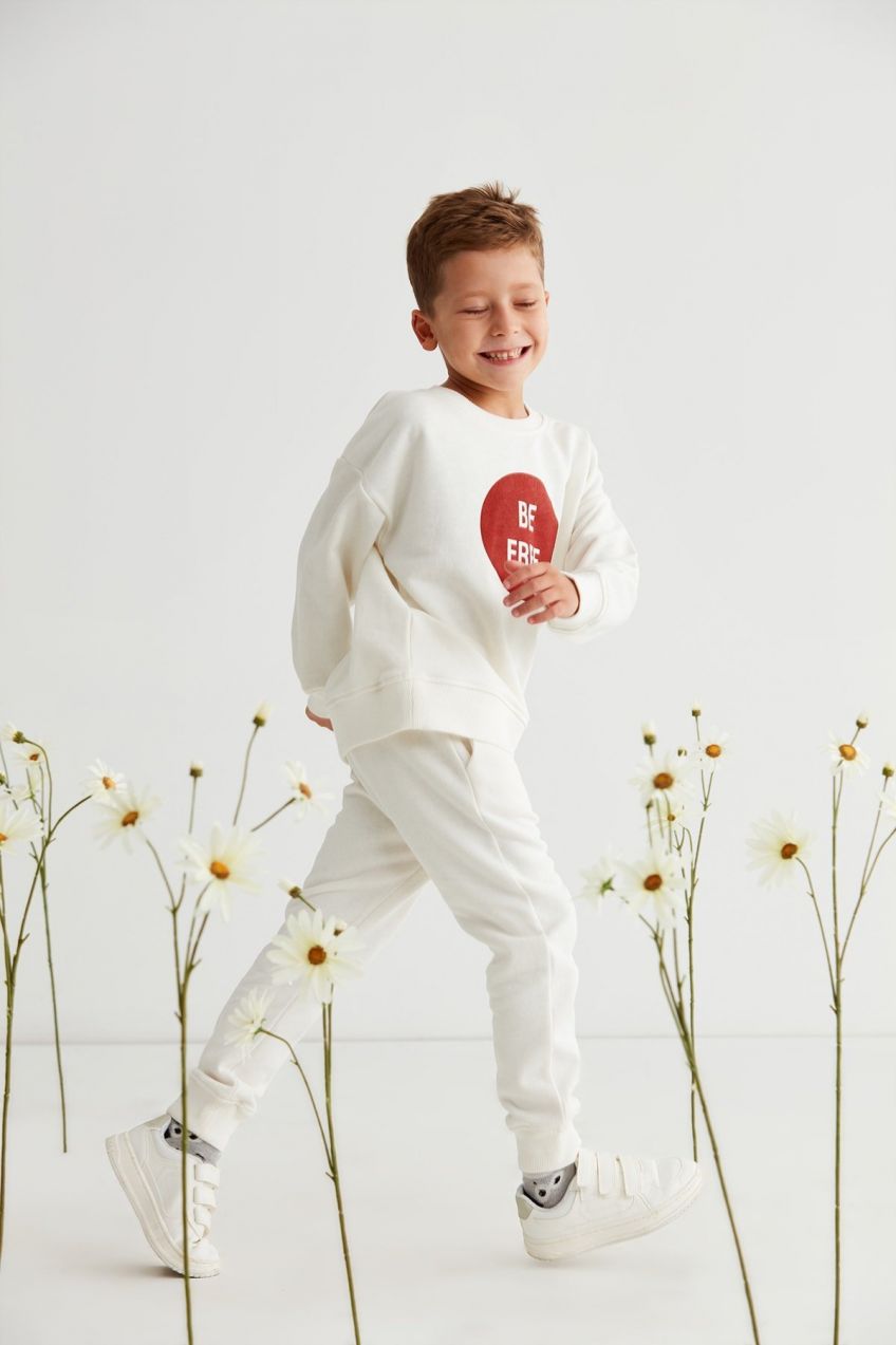 GRIMELANGE Brodiye Boy's Relaxed Pattern Printed Ecru Tracksuit Set