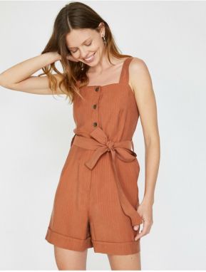 Koton Women's Brown Collar with Button Detailed Tie Waist, Pocket Detailed Rompers