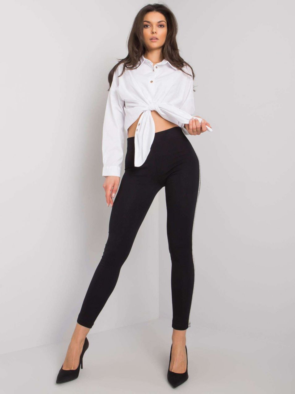 Black Cotton Leggings with Stripes by Caroline RUE PARIS