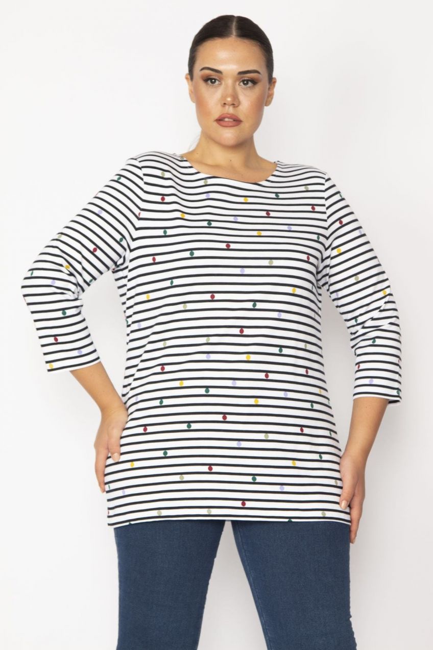 Şans Women's Plus Size Bone Line And Points Patterned Capri Sleeved Tunic